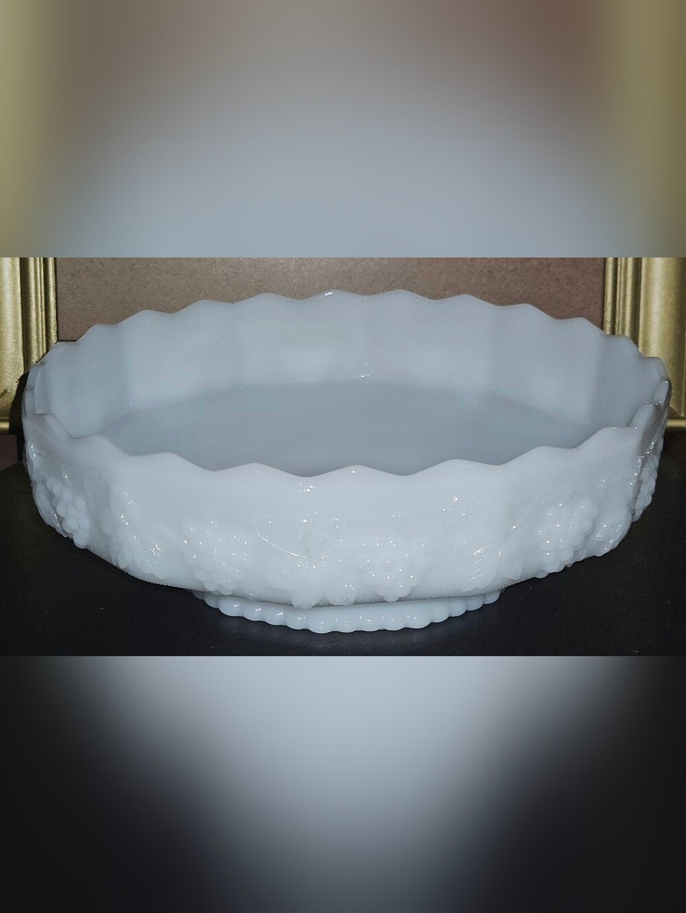 Vintage Westmoreland Milk Glass Bowl w Grape & Vine Motif  w Scalloped Edge
